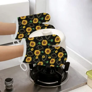 Sunflower Golden Polygonal Shapes Heat Resistant Oven Mitts Pot Holders Set
