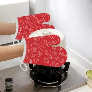 Sushi Pattern Red Background Heat Resistant Oven Mitts Pot Holders Set