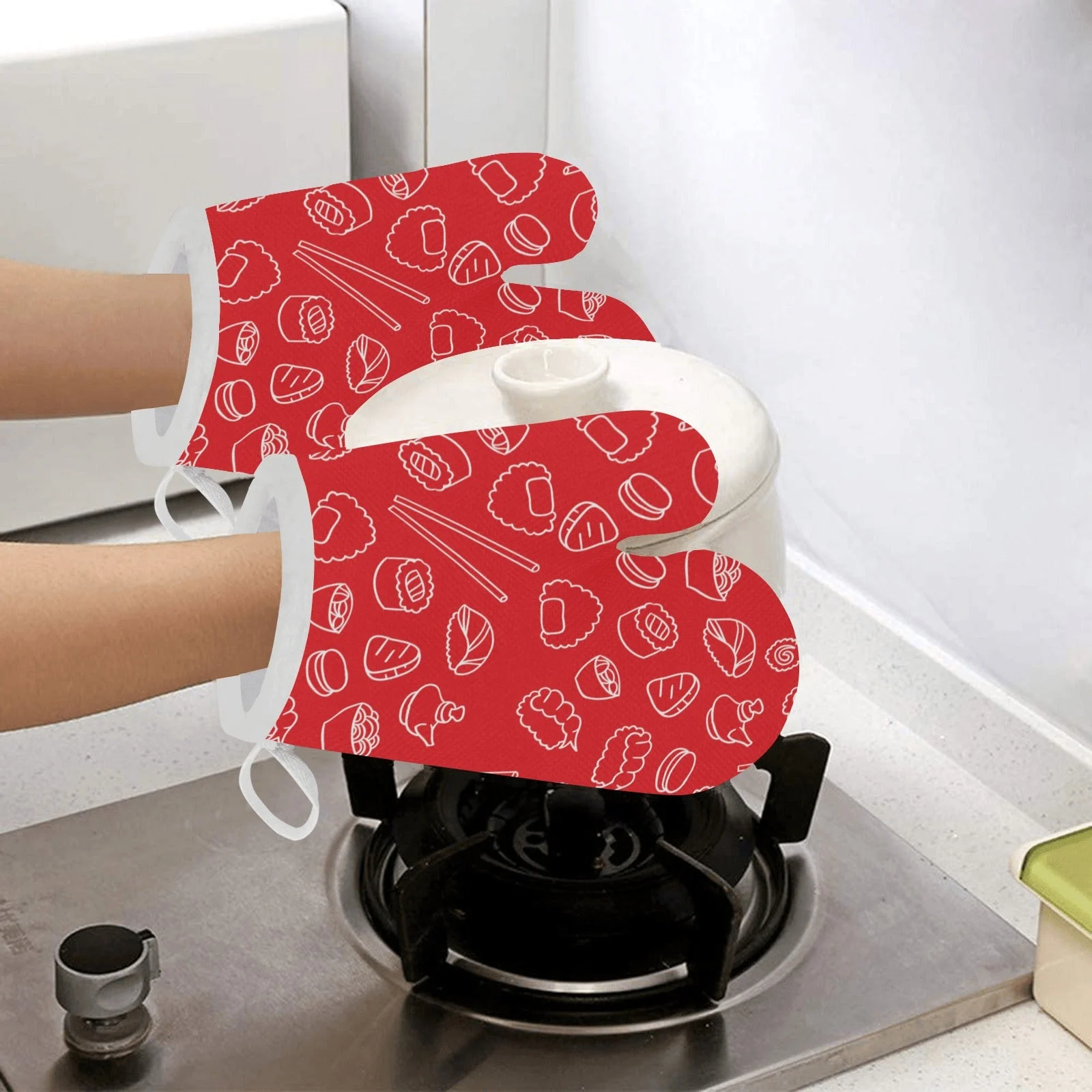 Sushi Pattern Red Background Heat Resistant Oven Mitts Pot Holders Set Sushi Pattern Red Background Heat Resistant Oven Mitts Pot Holders Set