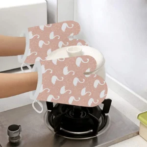 Swan Flower Light Pink Background Heat Resistant Oven Mitts Pot Holders Set