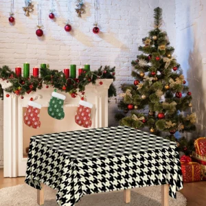 Tan And Black Houndstooth Pattern Print Tablecloth Kitchen Home Decor