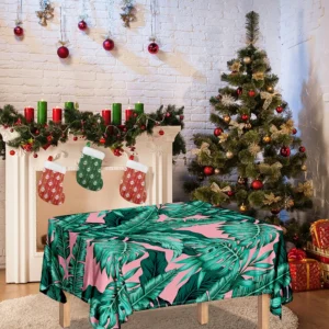 Teal Banana Leaves Pattern Print Tablecloth Kitchen Home Decor