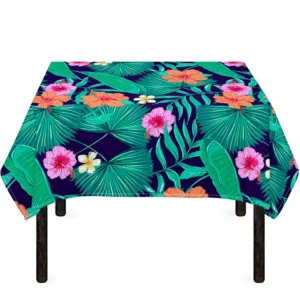 Teal Hawaiian Leaf Flower Pattern Print Tablecloth Kitchen Home Decor