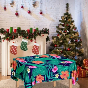 Teal Hawaiian Leaf Flower Pattern Print Tablecloth Kitchen Home Decor