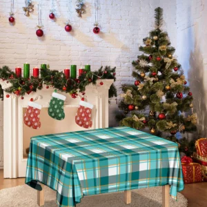 Teal Madras Pattern Print Tablecloth Kitchen Home Decor