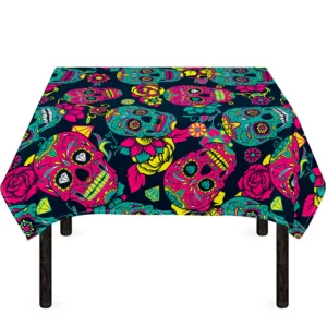 Teal Pink Sugar Skull Pattern Print Tablecloth Kitchen Home Decor