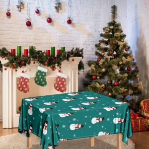 Teal Snowman Pattern Print Tablecloth Kitchen Home Decor