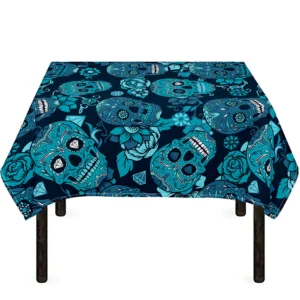 Teal Sugar Skull Flower Pattern Print Tablecloth Kitchen Home Decor