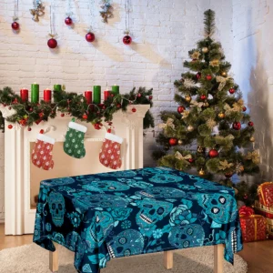 Teal Sugar Skull Flower Pattern Print Tablecloth Kitchen Home Decor