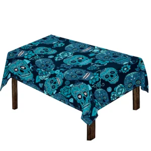 Teal Sugar Skull Flower Pattern Print Tablecloth Kitchen Home Decor