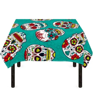 Teal Sugar Skull Pattern Print Tablecloth Kitchen Home Decor
