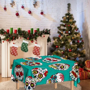 Teal Sugar Skull Pattern Print Tablecloth Kitchen Home Decor