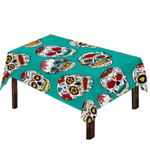 Teal Sugar Skull Pattern Print Tablecloth Kitchen Home Decor