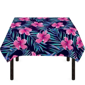 Teal Tropical Hibiscus Pattern Print Tablecloth Kitchen Home Decor