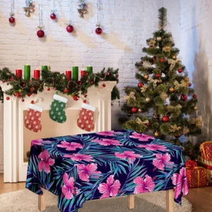 Teal Tropical Hibiscus Pattern Print Tablecloth Kitchen Home Decor
