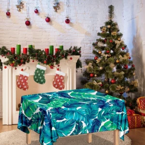Teal Tropical Leaf Pattern Print Tablecloth Kitchen Home Decor