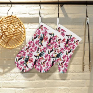 Toucan Flower Design Pattern Heat Resistant Oven Mitts Pot Holders Set