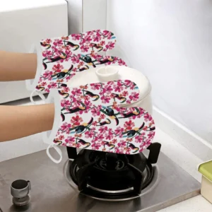 Toucan Flower Design Pattern Heat Resistant Oven Mitts Pot Holders Set