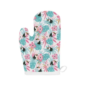 Toucan Tropical Flower Leave Pattern Heat Resistant Oven Mitts Pot Holders Set