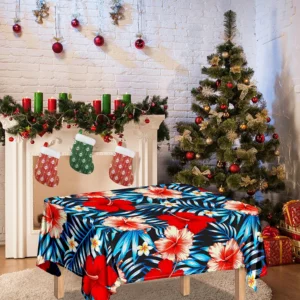 Turquoise Leaves Hibiscus Pattern Print Tablecloth Kitchen Home Decor