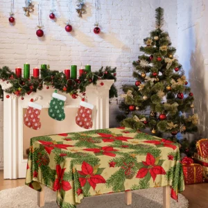 Vintage Christmas Poinsettia Print Tablecloth Kitchen Home Decor