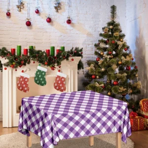 Violet And White Gingham Pattern Print Tablecloth Kitchen Home Decor