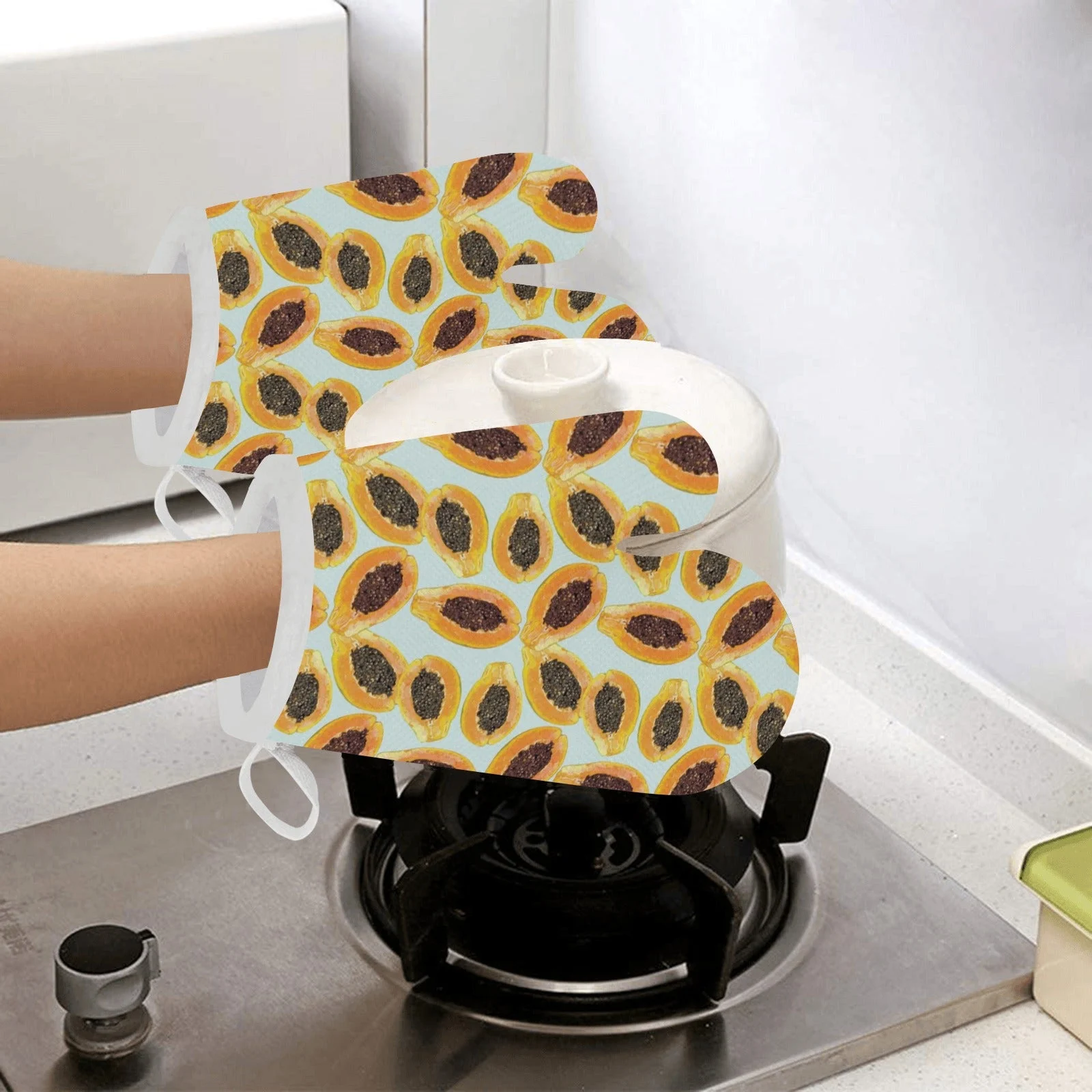 Watercolor Papaya Pattern Heat Resistant Oven Mitts Pot Holders Set Watercolor Papaya Pattern Heat Resistant Oven Mitts Pot Holders Set