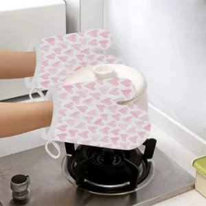 Watercolor Pink Heart Pattern Heat Resistant Oven Mitts Pot Holders Set