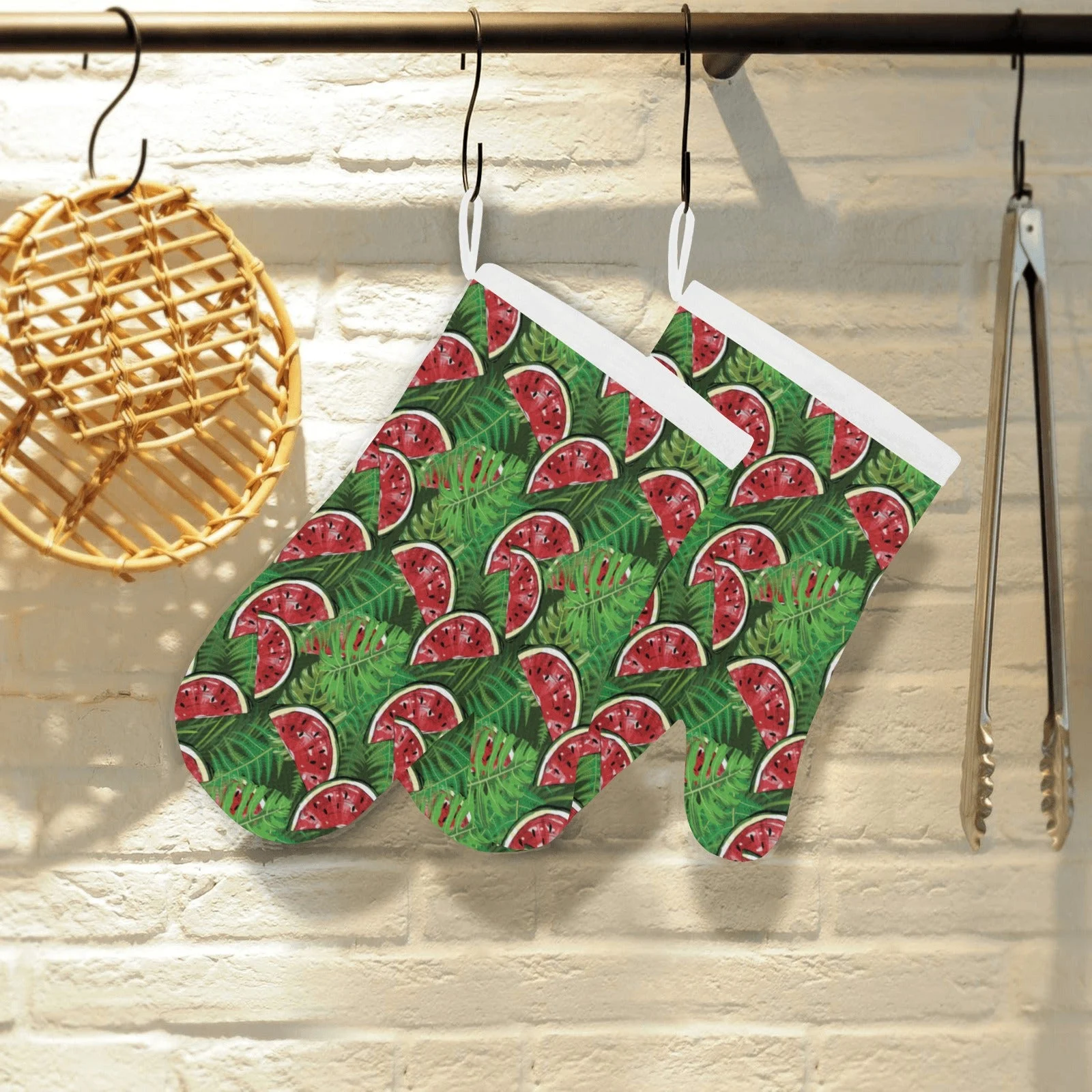 Watermelons Tropical Palm Leaves Pattern Background Heat Resistant Oven Mitts Pot Holders Set Watermelons Tropical Palm Leaves Pattern Background Heat Resistant Oven Mitts Pot Holders Set