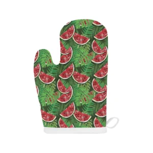 Watermelons Tropical Palm Leaves Pattern Background Heat Resistant Oven Mitts Pot Holders Set