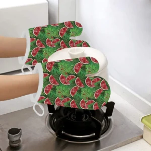 Watermelons Tropical Palm Leaves Pattern Background Heat Resistant Oven Mitts Pot Holders Set