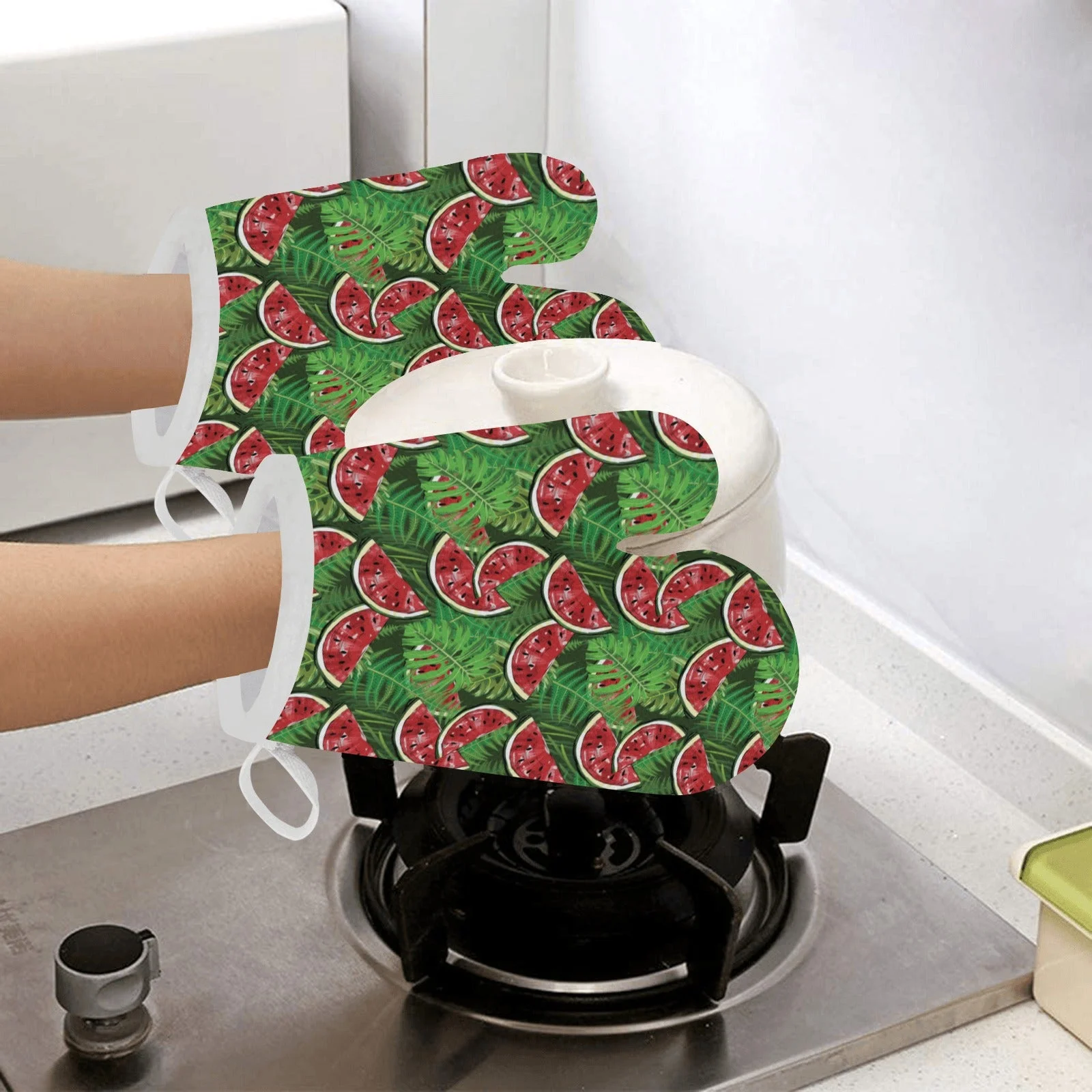 Watermelons Tropical Palm Leaves Pattern Background Heat Resistant Oven Mitts Pot Holders Set Watermelons Tropical Palm Leaves Pattern Background Heat Resistant Oven Mitts Pot Holders Set
