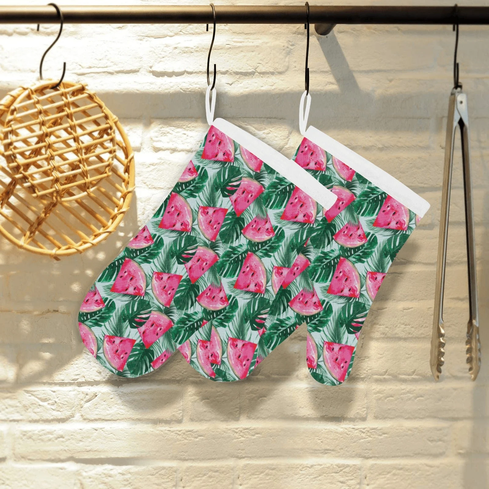 Watermelons Tropical Palm Leaves Pattern Heat Resistant Oven Mitts Pot Holders Set Watermelons Tropical Palm Leaves Pattern Heat Resistant Oven Mitts Pot Holders Set