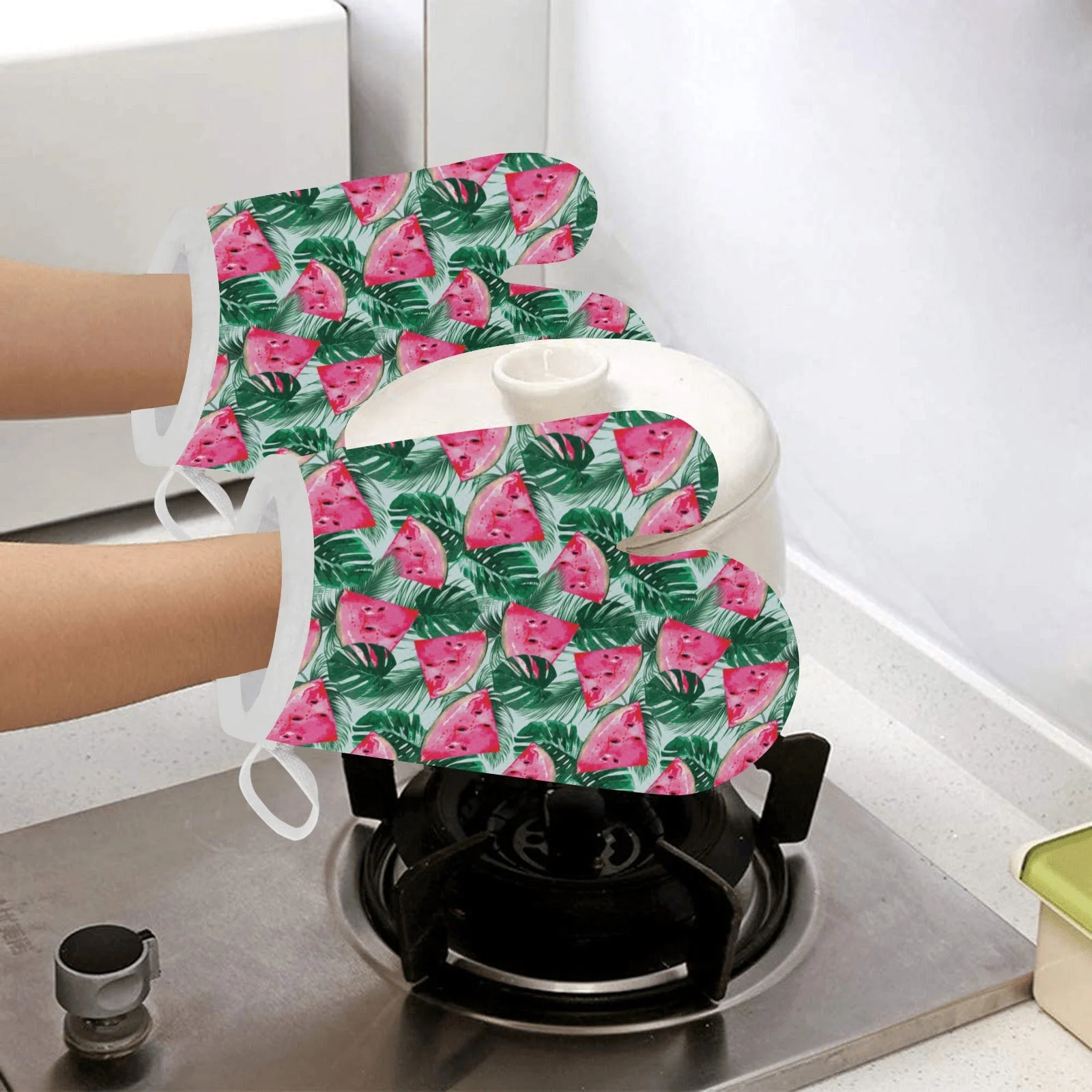 Watermelons Tropical Palm Leaves Pattern Heat Resistant Oven Mitts Pot Holders Set Watermelons Tropical Palm Leaves Pattern Heat Resistant Oven Mitts Pot Holders Set