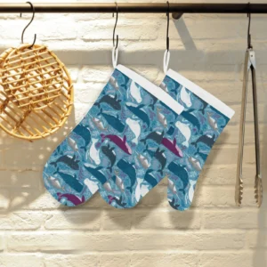 Whale Design Pattern Heat Resistant Oven Mitts Pot Holders Set