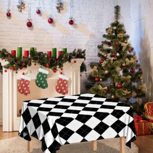 White And Black Argyle Pattern Print Tablecloth Kitchen Home Decor