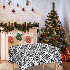 White And Black Damask Pattern Print Tablecloth Kitchen Home Decor