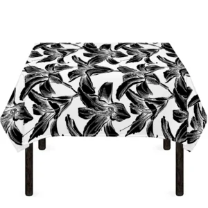 White And Black Lily Pattern Print Tablecloth Kitchen Home Decor