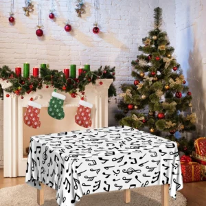 White And Black Music Note Pattern Print Tablecloth Kitchen Home Decor
