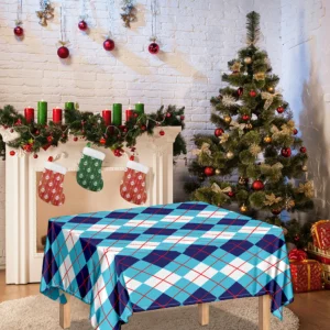 White And Blue Argyle Pattern Print Tablecloth Kitchen Home Decor