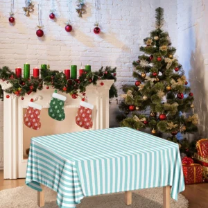 White And Cyan Striped Pattern Print Tablecloth Kitchen Home Decor