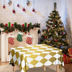 White And Gold Harlequin Pattern Print Tablecloth Kitchen Home Decor