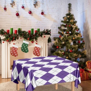 White And Purple Argyle Pattern Print Tablecloth Kitchen Home Decor