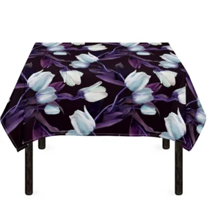 White And Purple Tulip Pattern Print Tablecloth Kitchen Home Decor