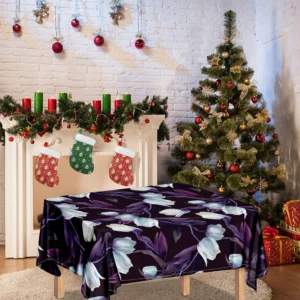 White And Purple Tulip Pattern Print Tablecloth Kitchen Home Decor