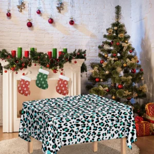 White And Teal Leopard Print Tablecloth Kitchen Home Decor
