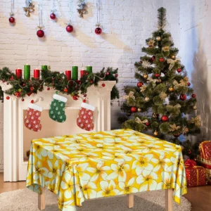 White And Yellow Plumeria Pattern Print Tablecloth Kitchen Home Decor