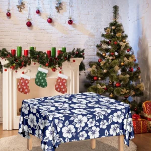White Blue Hibiscus Floral Pattern Print Tablecloth Kitchen Decor Home Decor
