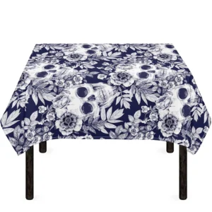 White Blue Skull Floral Pattern Print Tablecloth Kitchen Decor Home Decor
