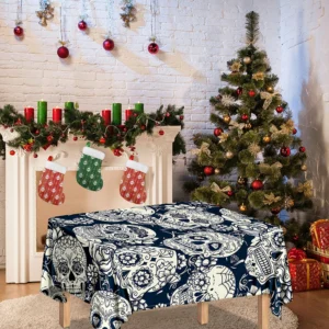 White Floral Sugar Skull Pattern Print Tablecloth Kitchen Decor Home Decor